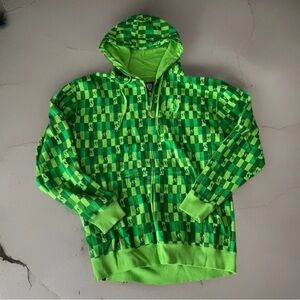 Electric Visual Hoodie Green Checkered Full Zip Vintage Skater Streetwear Y2K